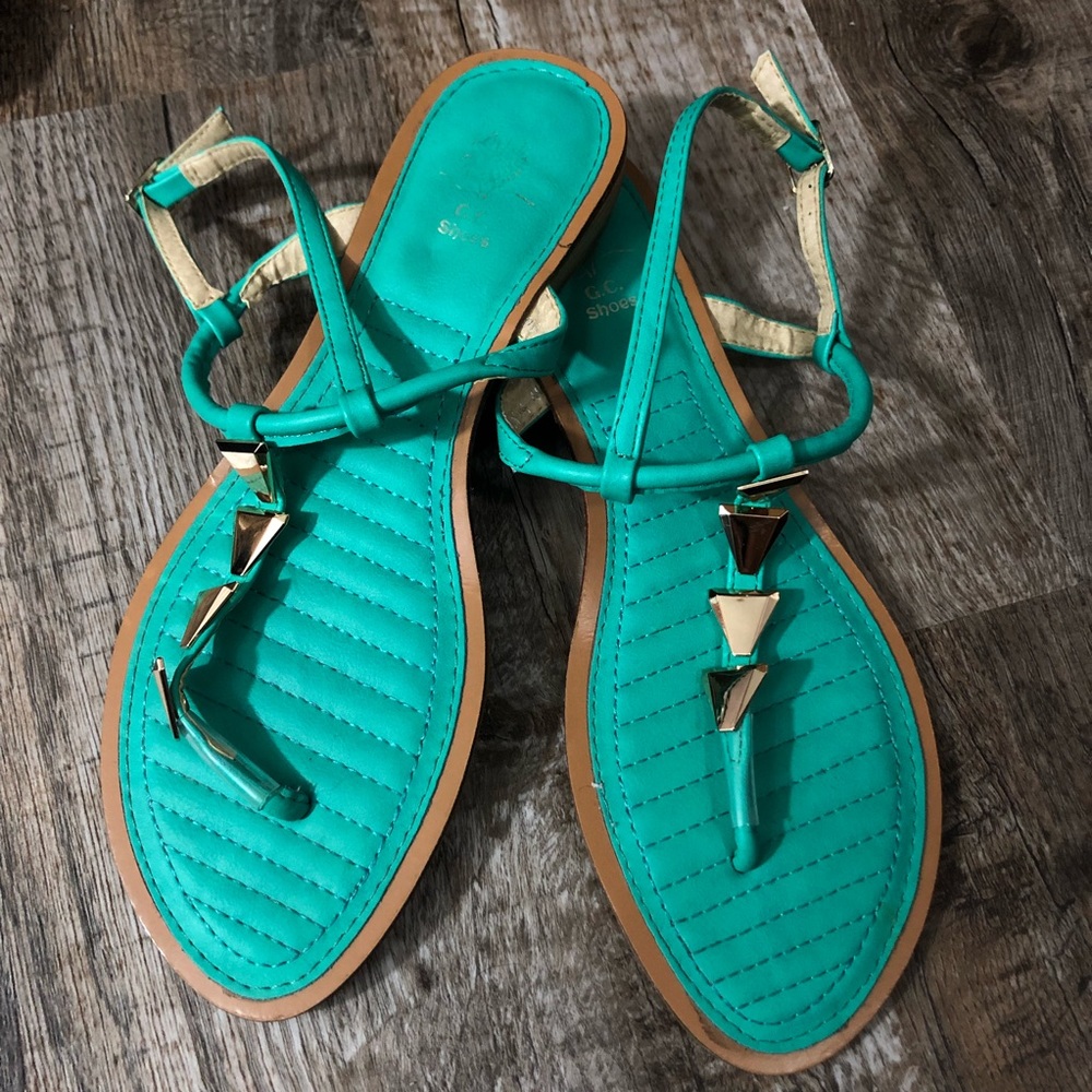G.C. Teal Sandals with Gold Triangle Accent